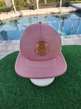 Pink Flower Daisy Yellow Smiley Face Baseball Trucker Hat Cap Big X